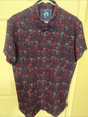 Men's Retro Rifle Short-Sleeve ButtonUp Shirt- Blue w/ Red & Teal Tropical Print